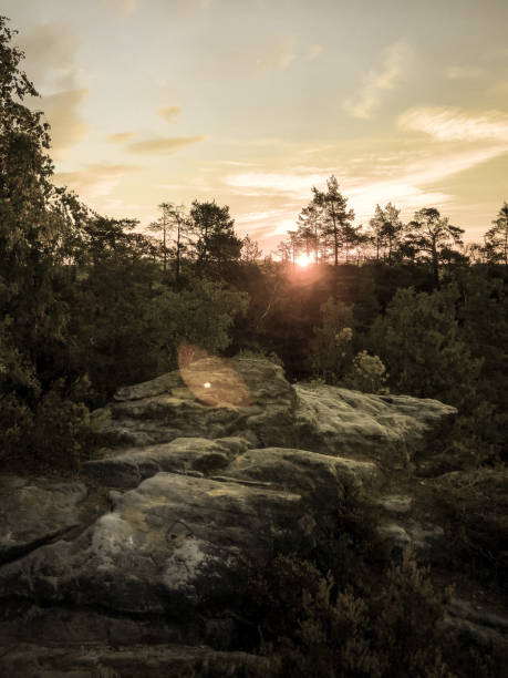 Sunrise at the Bastei bridge above the Elbe River in the Elbe Sandstone Mountains of Germany. One of the most spectacular hiking regions in Europe. The bizarre, primeval landscape of the Saxon Switzerland simply overwhelms visitors. amanecer en el puente bastei sobre el río elba en las montañas de arenisca del elba de alemania. una de las regiones de senderismo más espectaculares de europa. el extraño paisaje primigenio de la suiza sajona simplemente abruma a los visitantes.