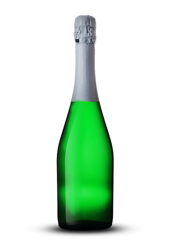full bottle of champagne on a white background