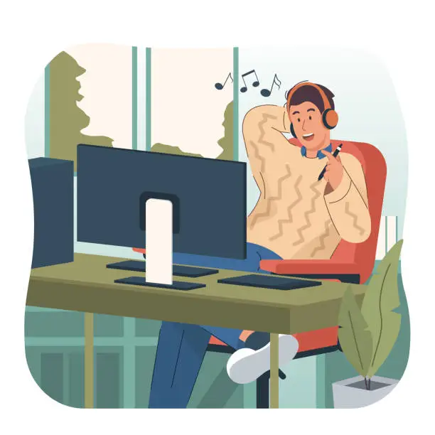 Vector illustration of Young man working on computer while listening to music