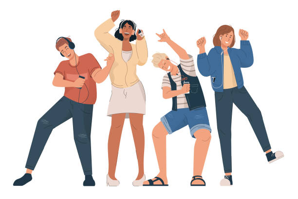ilustrações de stock, clip art, desenhos animados e ícones de group of young people listening to music and dancing. boys and girls wearing headphones and earphones with smartphone and audio player - ouvir musica