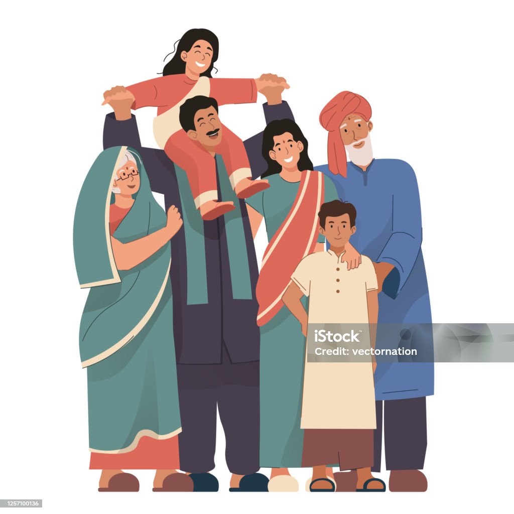 Happy Indian Family Portrait Grandparents Parents And Children Indian People  Wearing Traditional Clothing Stock Illustration - Download Image Now -  iStock