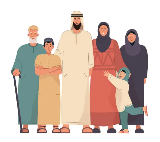 Vector illustration of Arabian family portrait. Grandparents, parents and children. Arabic people in flat cartoon illustration