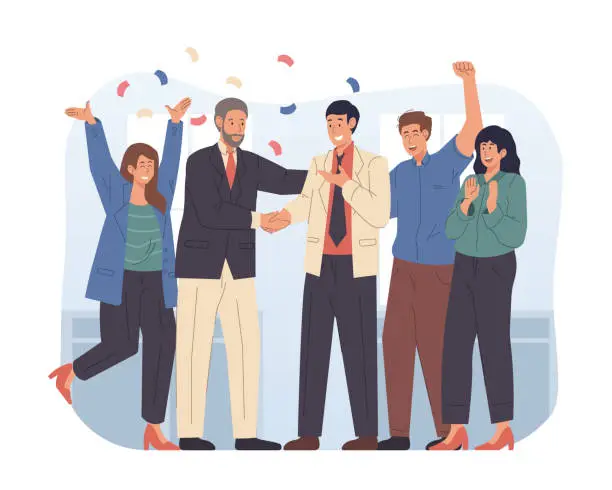 Vector illustration of Boss and team congratulating successful employee