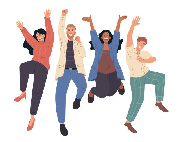 ilustraciones, imágenes clip art, dibujos animados e iconos de stock de gente feliz saltando celebrando la victoria. ilustración de personajes de dibujos animados planos - happy