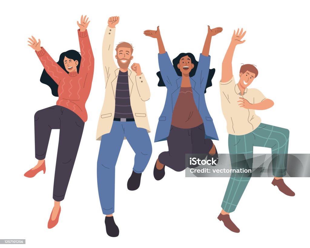 Happy people jumping celebrating victory. Flat cartoon characters illustration - Royalty-free Pessoas arte vetorial