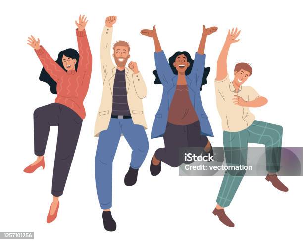 Happy People Jumping Celebrating Victory Flat Cartoon Characters Illustration - Arte vetorial de stock e mais imagens de Pessoas