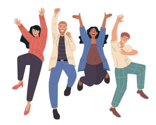 bildbanksillustrationer, clip art samt tecknat material och ikoner med glada människor hoppar firar seger. illustration av platta seriefigurer - gladlynt illustrationer