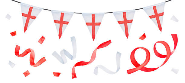 wasserfarbe illustration satz von festlichen girlande mit dreieckigen flagge mit st. george es cross und verschiedene fliegende bänder. hand bemalt aquarell zeichnung, ausschnitt clipart elemente für kreatives design. - english flag st george flag st stock-grafiken, -clipart, -cartoons und -symbole