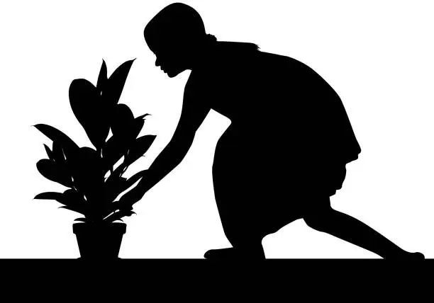 Vector illustration of Silhouette of a girl with a flower in a pot.