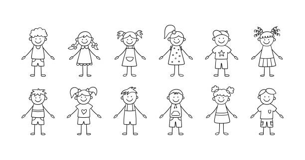 Set of funny children. Happy cute doodle kids. A set of isolated characters. Vector illustration Set of funny children. Happy cute doodle kids. A set of isolated characters. Vector illustration in hand drawn style on white background Pigtails stock illustrations