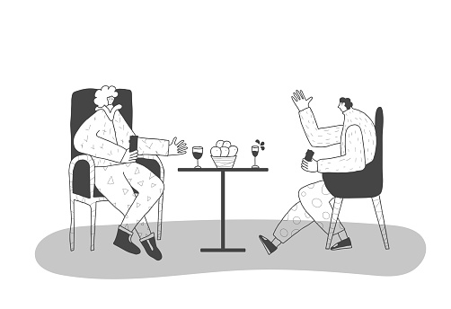 Have some wine Two adult persons sitting in the chair and talking about life. Friends spending time together at restaraunt. Couple enjoying their free time. Vector flat illustration.