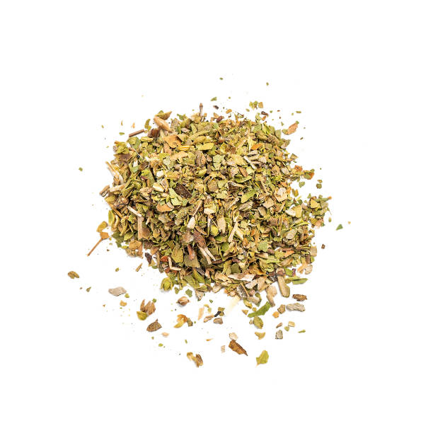 istock Oregano spice herb isolated on white background. Dried, top view 1257109108