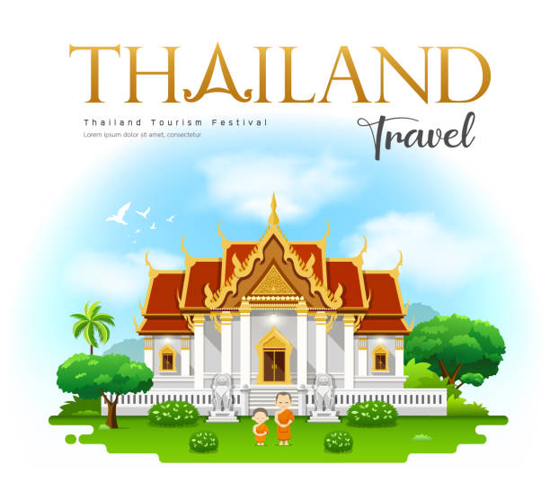 illustrazioni stock, clip art, cartoni animati e icone di tendenza di tempio della thailandia, wat benchamabophit, bangkok, thailandia viaggiano con monaco e design alle prime armi - wat