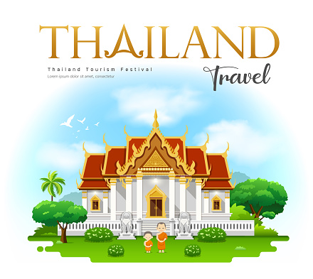 Thailand temple, Wat Benchamabophit, bangkok, Thailand travel with monk and novice design on cloud and sky background, vector illustration