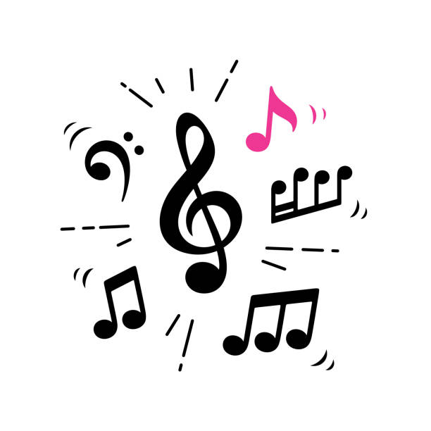 ilustraciones, imágenes clip art, dibujos animados e iconos de stock de clave de agudos y notas musicales - treble clef