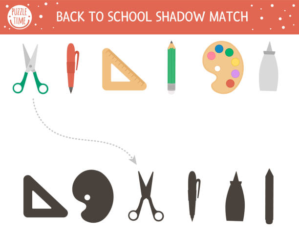 Back to school shadow matching activity for children. School puzzle with cute stationery. Simple educational game for kids. Find the correct silhouette printable worksheet. Back to school shadow matching activity for children. School puzzle with cute stationery. Simple educational game for kids. Find the correct silhouette printable worksheet. 2933 stock illustrations