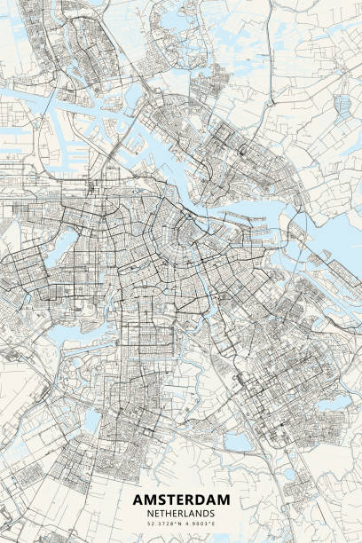 illustrazioni stock, clip art, cartoni animati e icone di tendenza di mappa vettoriale di amsterdam, paesi bassi - amstel river