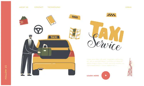Vector illustration of Taxi Order in City Landing Page Template. Experienced Driver Character Wearing Uniform and Cap Loading Luggage to Car