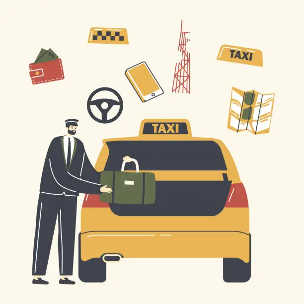 Vector illustration of Experienced Driver Character in Uniform and Cap Loading Passenger Luggage to Car Trunk in Airport or Street. Destination