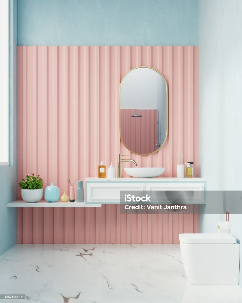 Modern Bathroom interior design on pink wall. Modern Bathroom interior design on pink wall,3d rendering Bathroom Stock Photo