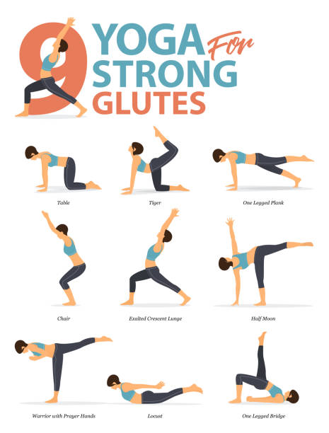 9 yoga posen für das training in starken gesäß konzept. frau, die für körperdehnung trainiert. yoga-haltung oder asana für fitness-infografik. flache cartoon-vektor. - glutes stock-grafiken, -clipart, -cartoons und -symbole