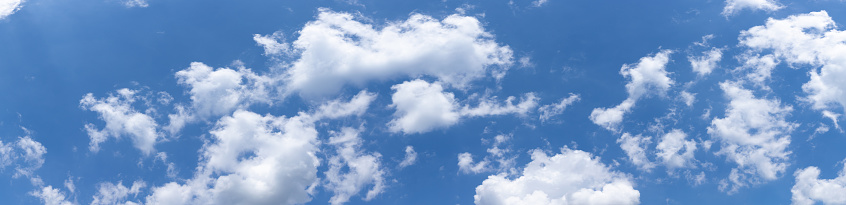 Panoramic view of vivid blue sky and white cumulus clouds, creative copy space, horizontal aspect