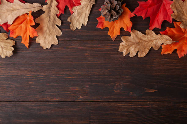 istock Autumn maple leaves on brown wooden table 1257120588