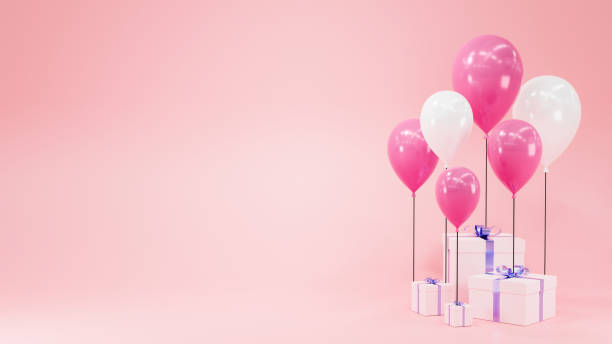 istock 3D Rendering. White and pink balloon with White gift box on pink background. 1257126506