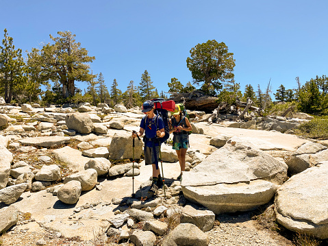 Children hiking and backpacking in the Tahoe wilderness in summer