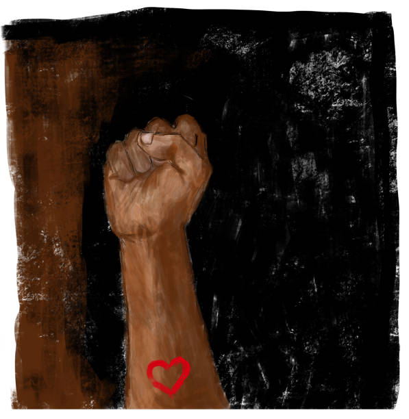 podniesiona pięść z sercem. sprawiedliwość społeczna, protest, demonstracja, na czarno-brązowym tle. - civil rights obrazy stock illustrations