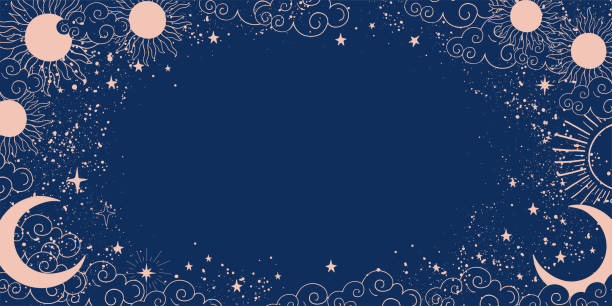 Magic blue background with moon and sun, crescent moon, place for text. Astrological banner with stars, cosmic pattern. Doodle vector illustration. Magic blue background with moon and sun, crescent moon, place for text. Astrological banner with stars, cosmic pattern. Doodle vector illustration tarot cards stock illustrations