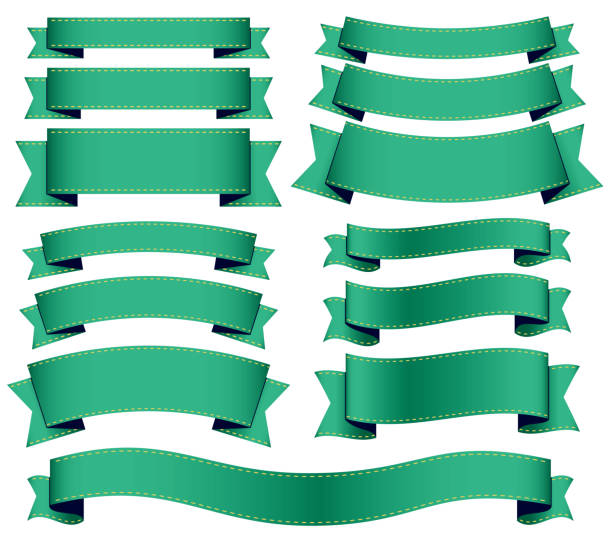 Ribbon set green gradation Ribbon material with various widths and shapes gradation stock illustrations