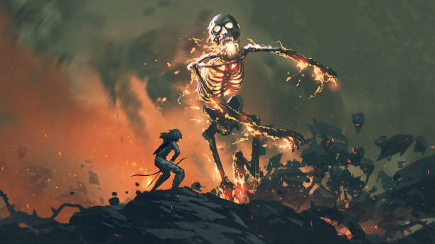 the legendary flaming skeleton man with a bow  face to face with a flaming skeleton, digital art style, illustration painting demon fictional character illustrations stock illustrations