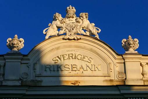 Lulea, Sweden  A relief on top of a bak building saying Sweden Central Bank.