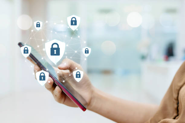 istock Female hand using mobile smart phone with icon graphic cyber security network of connected devices and personal privacy data information 1257137001