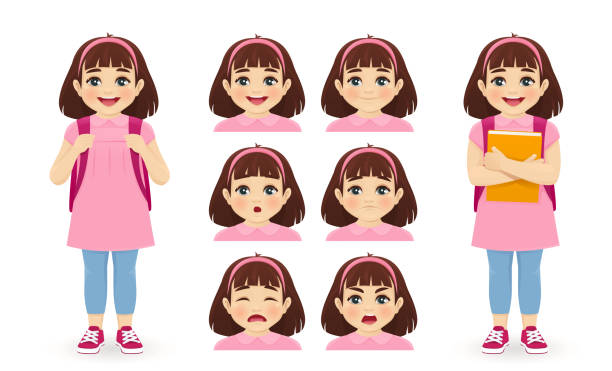 ilustrações, clipart, desenhos animados e ícones de emoções de menina da escola - schoolgirl