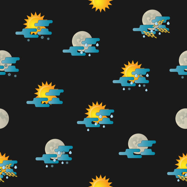 ilustraciones, imágenes clip art, dibujos animados e iconos de stock de patrón sin costuras con iconos meteorológicos creativos de meteorología - seamless pattern meteorology snowflake