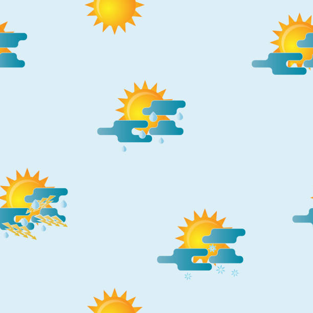 ilustraciones, imágenes clip art, dibujos animados e iconos de stock de patrón sin costuras con iconos meteorológicos creativos de meteorología - seamless pattern meteorology snowflake