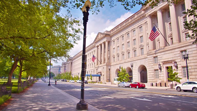 Washington DC street. Retro Style Building. American Flag. Park.