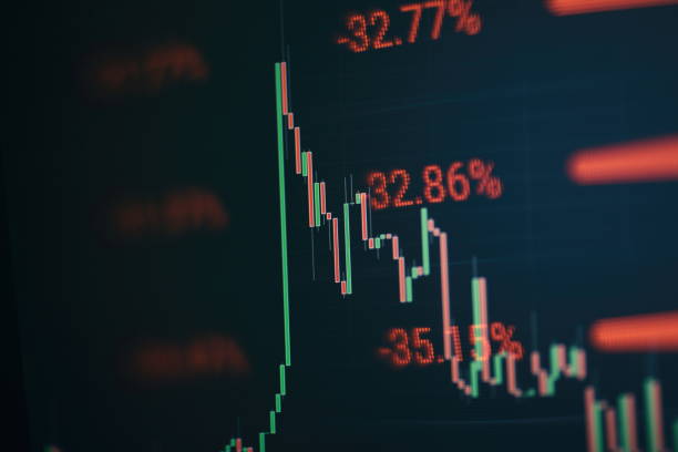 istock Technical price graph and indicator, red and green candlestick chart on blue theme screen, market volatility, up and down trend. Stock trading, crypto currency background. 1257143788