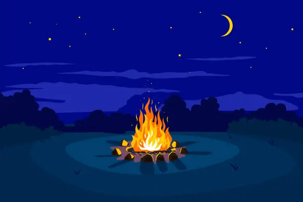Vector illustration of Night campfire on glade