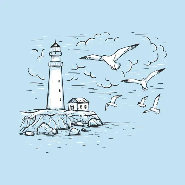 Vector illustration of Hand drawn vector sketch with gulls, clouds and lighthouse. Marine romantic background. Design on a blue background