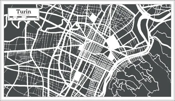 Vector illustration of Turin Italy City Map in Black and White Color in Retro Style. Outline Map.