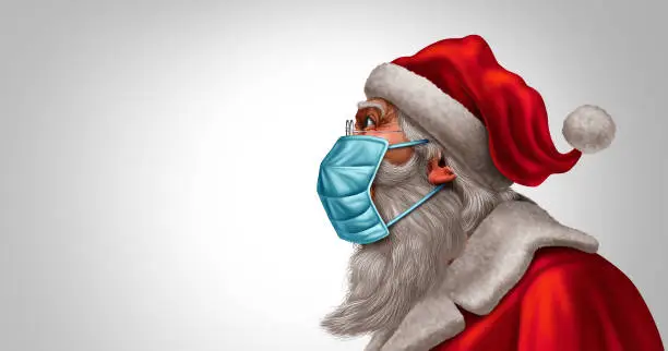 Santa Claus face mask concept as a Christmas holiday season symbol for health and healthcare disease prevention as medical equipment preventing a virus infection during a pandemic or epidemic in a 3D illustration style.