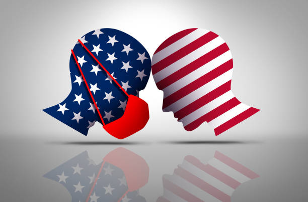 US Mask Debate US mask debate and political war on surgical masks as an American culture conflict as two sides one wearing a face covering and another person refusing to wear virus protection in a 3D illustration style. mandate stock pictures, royalty-free photos & images