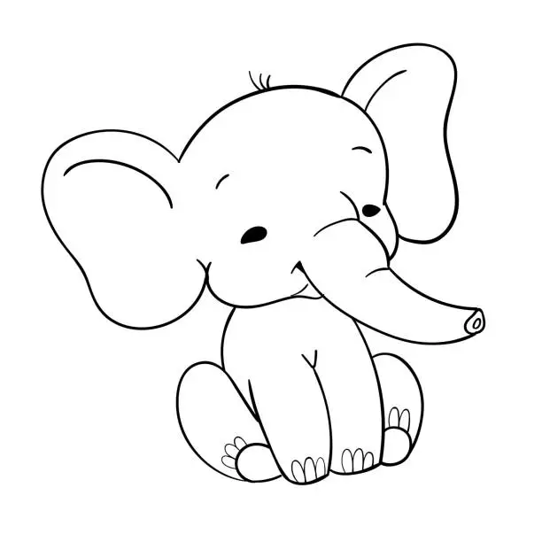 Vector illustration of Cute baby elefant sitting. Funny black and white elefant for design