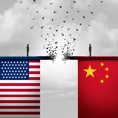 China US conflict and USA or United States trade and American tariffs conflict with two opposing trading partners as an economic import and exports dispute concept with 3D illustration elements