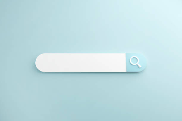 White search or magnifying glass in blank search bar on Blue Background, 3d render.