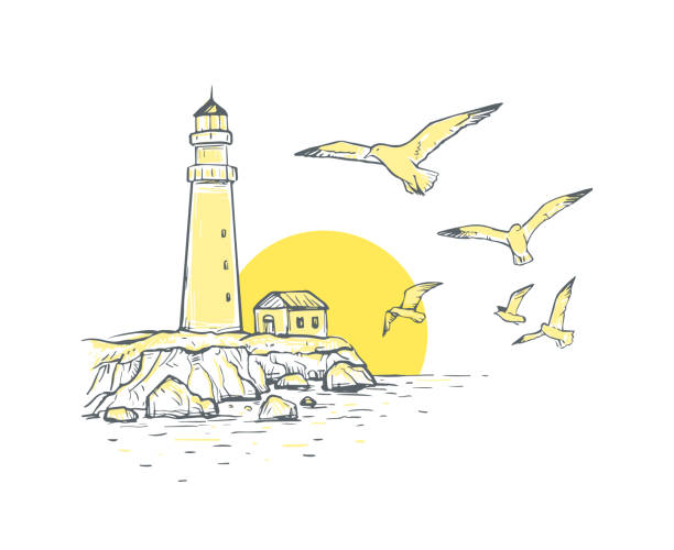 Sunny landscape vector sketch illustration with lighthouse, seagulls and sunrise or sunset. Summer background in yellow and gray colors. Design on a white background Sunny landscape vector sketch illustration with lighthouse, seagulls and sunrise or sunset. Summer background in yellow and gray colors. Design on a white background for print, postcard, poster, banner lighthouse drawings stock illustrations