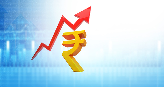Moving arrow graph showing Indian rupee growth. Rupee symbol with arrow graph. 3d illustration